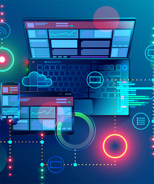 Same website shown on laptop tablet and mobile with neon circles