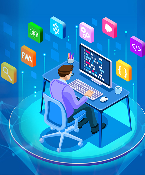 man behind desk working with a computer and icons related to web design around it